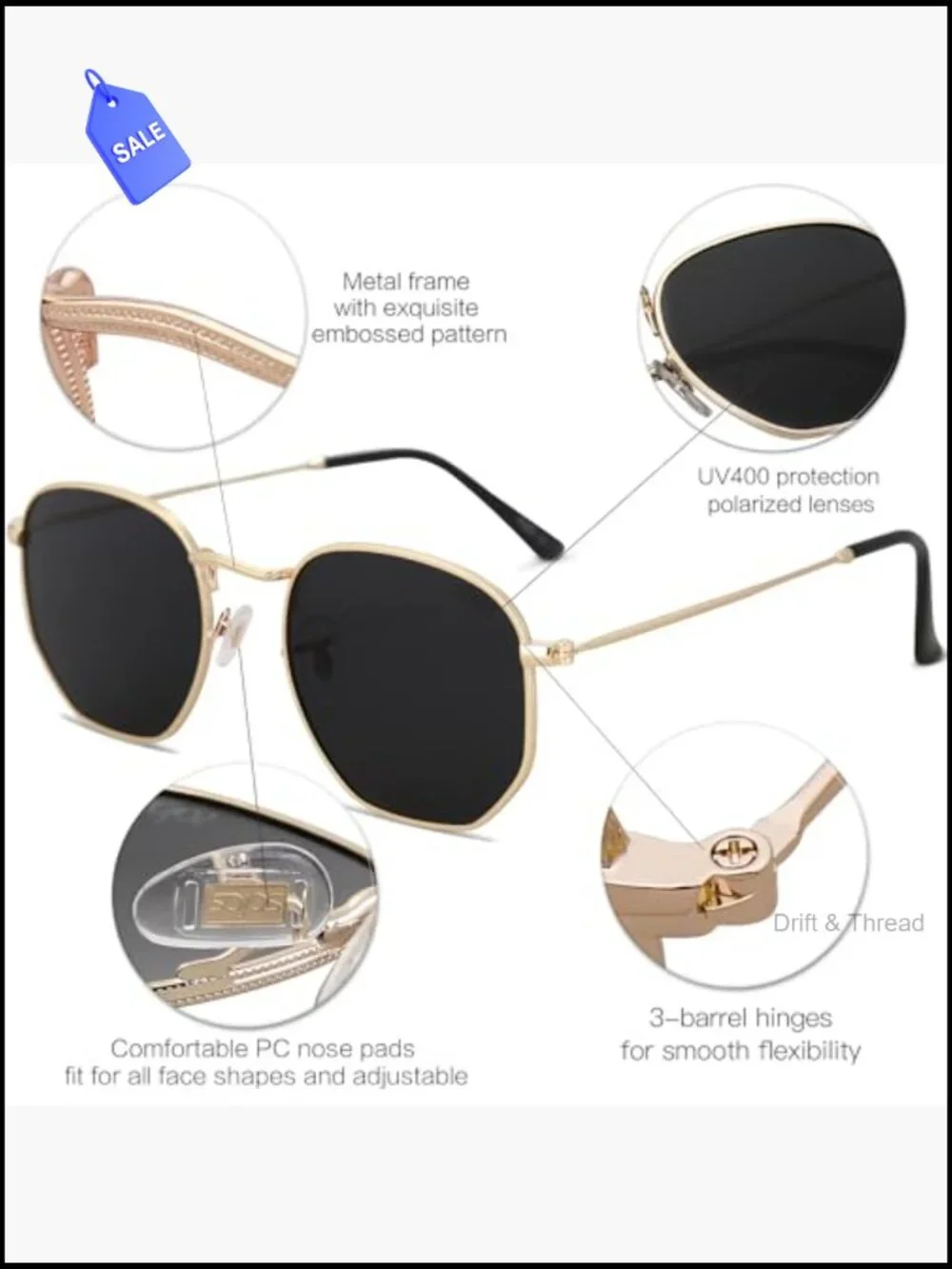 Square Hexagonal Metal Sunglasses UV400 Polarized Unisex Driving Sport